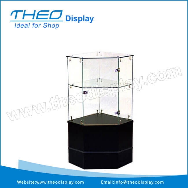 Th 900 1 White Wooden Base And Locking Glass Corner Display